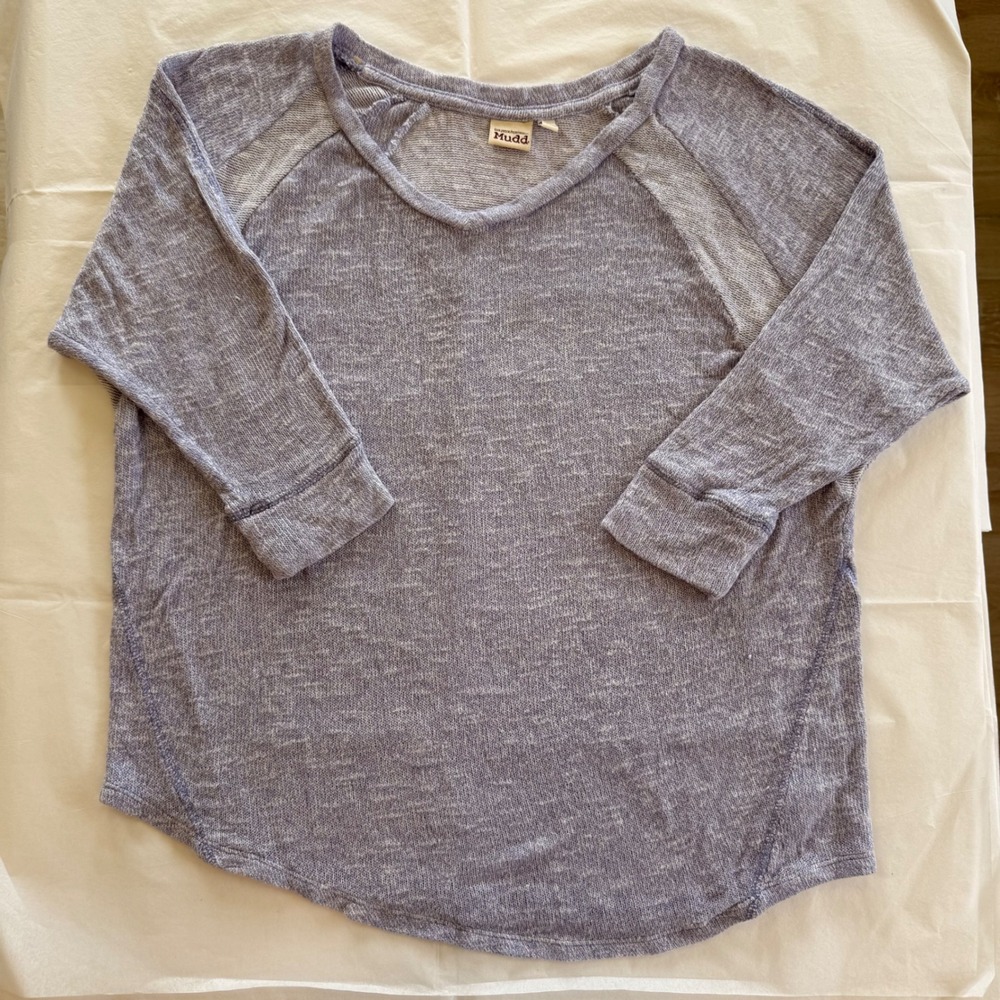 Mudd Raglan Top Womens Large Blue Good Marl Knit 3/4 Sleeve Curved Hem Sweater